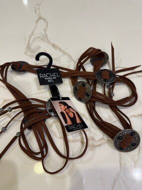 RACHEL Rachel Roy Brown Faux Leather Wrap Belt with Silver Medallions